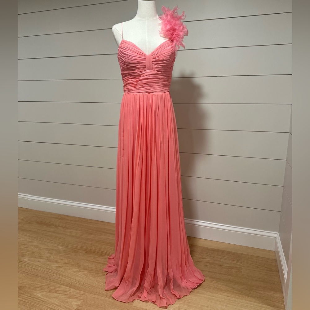 Eliza J Coral Pink Chiffon One-Shoulder Prom Gown